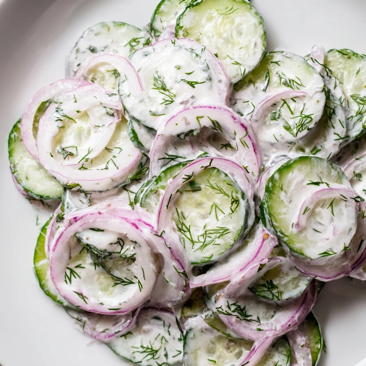 Crisp cucumber dill salad featuring red onion slices and fresh herbs in creamy sauce