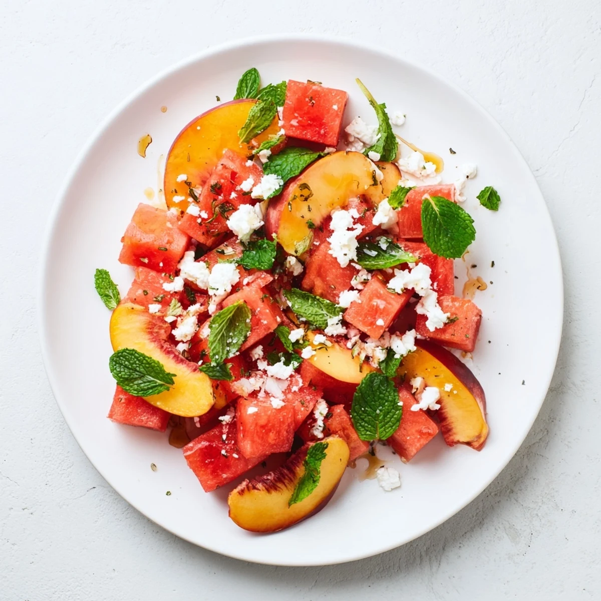 Fresh peach watermelon salad bowl with mint leaves and citrus drizzle on white surface