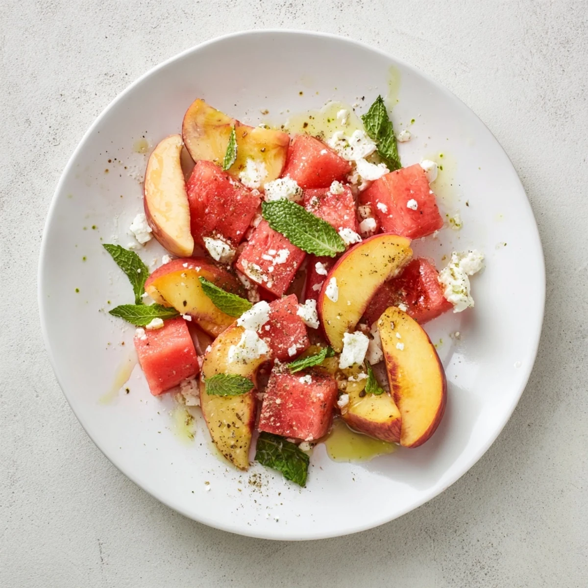 Summer peach watermelon salad in glass serving dish topped with torn mint and lime dressing