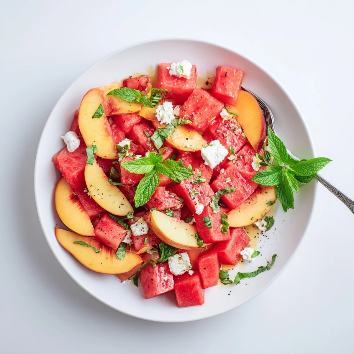 Vibrant peach watermelon salad with fresh herbs and honey lime glaze for outdoor dining
