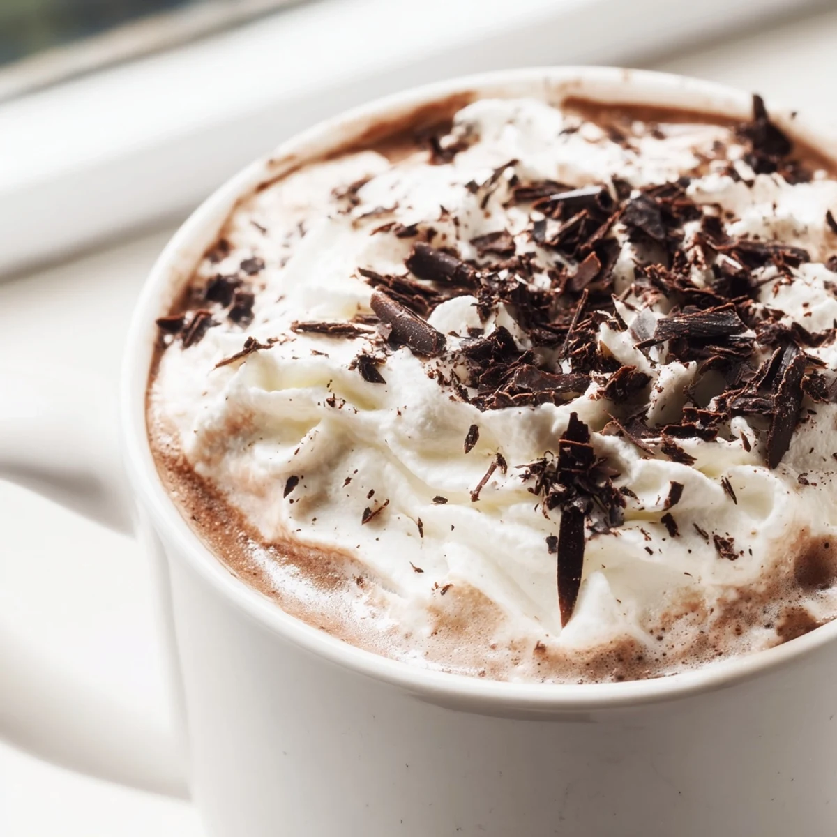 Velvety rich sugar-free creamy keto hot chocolate drizzled with shaved dark chocolate shavings