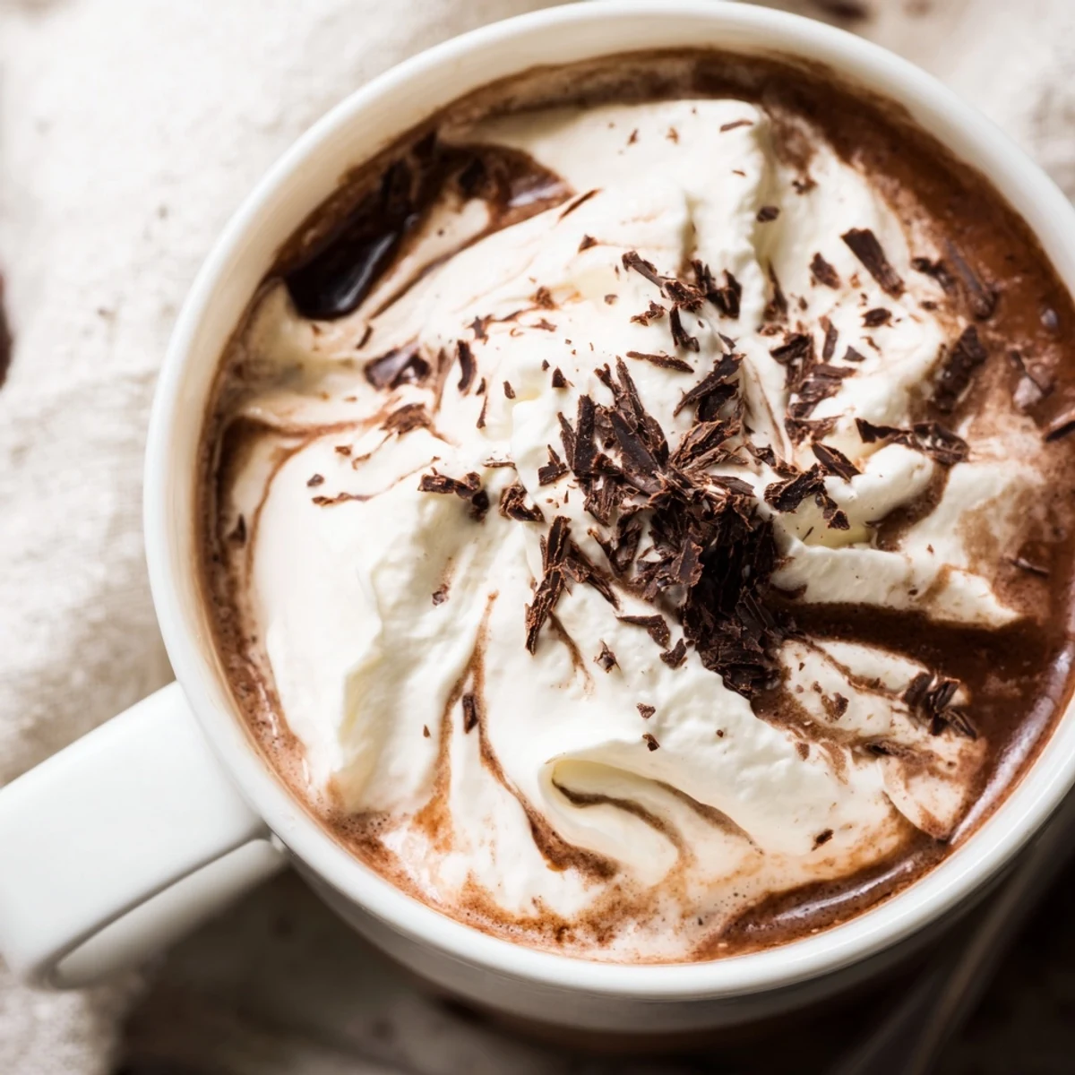 Steamy sugar-free keto hot chocolate in a white ceramic mug topped with whipped cream