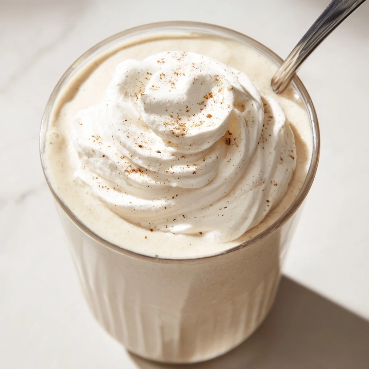 Frothy ketogenic eggnog delight sprinkled with nutmeg and served chilled with whipped cream