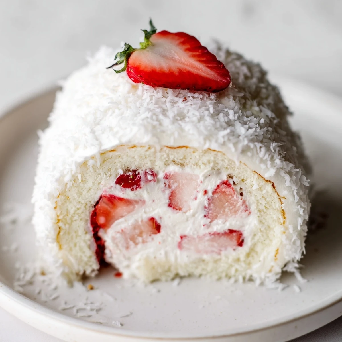 Bite-sized dessert slices featuring fluffy vanilla sponge and diced strawberry cream arranged like sushi on a white plate