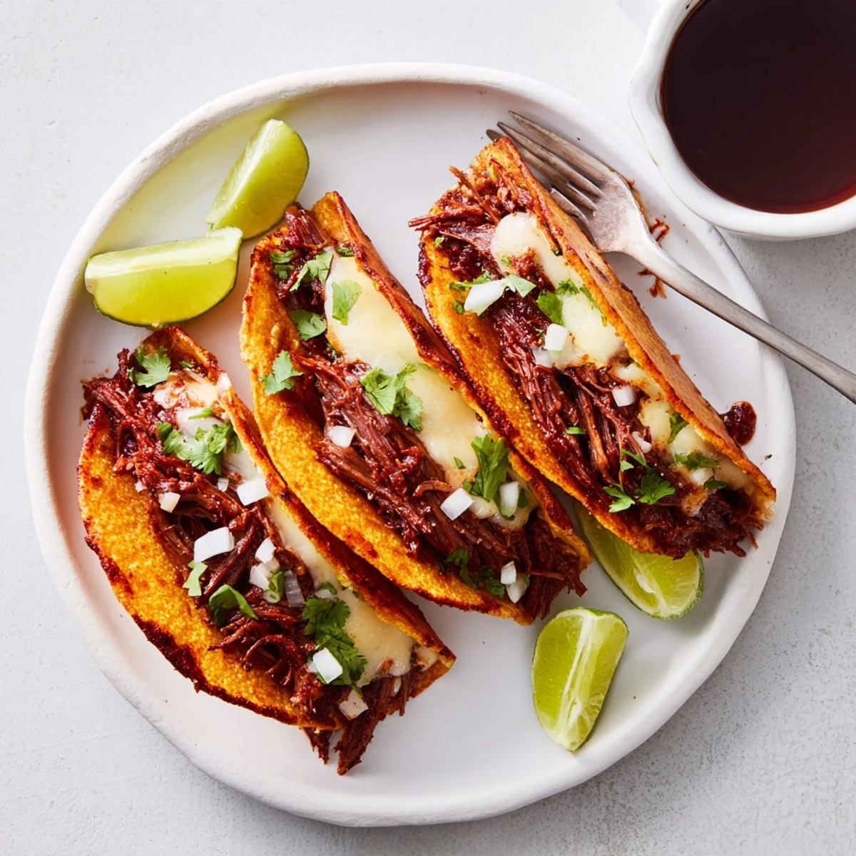 Golden birria tacos filled with tender spiced beef and melted Oaxaca cheese