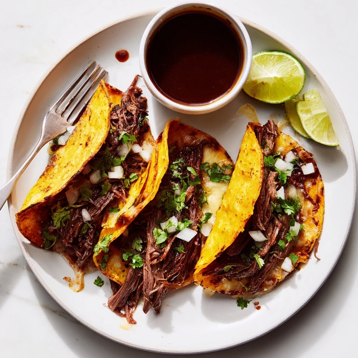 Mexican birria tacos garnished with fresh cilantro and served alongside rich consommé