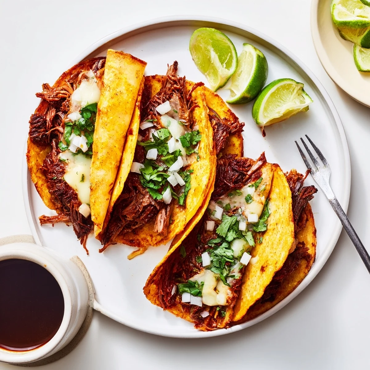 Crispy corn tortillas stuffed with slow-cooked birria meat and savory shredded cheese