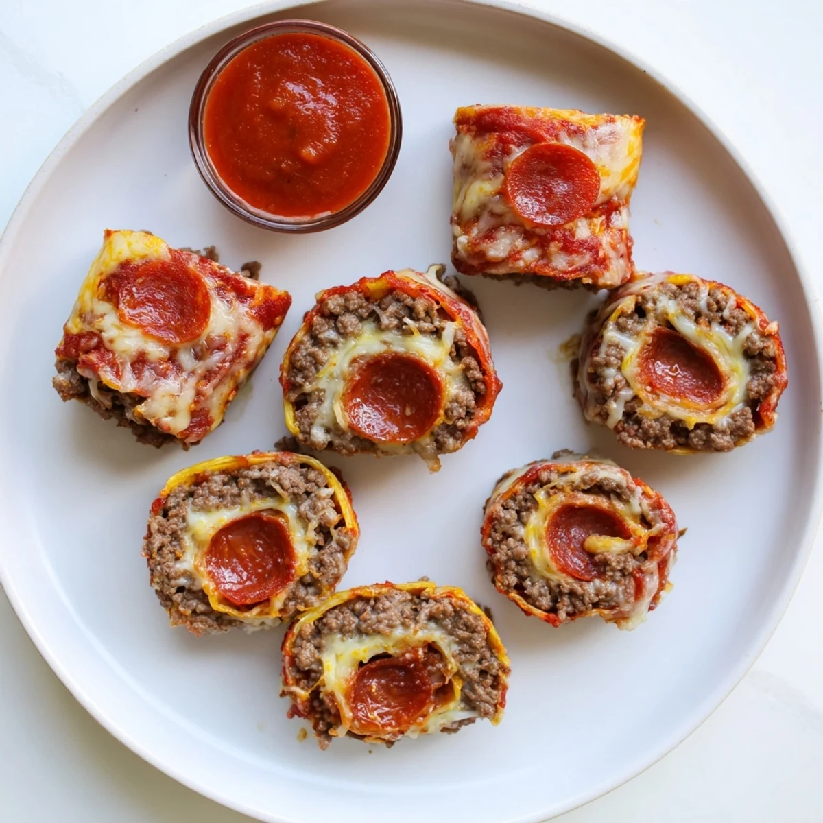 Golden brown keto beef pepperoni cheese roll ups with melted mozzarella and parmesan topping on a white baking sheet
