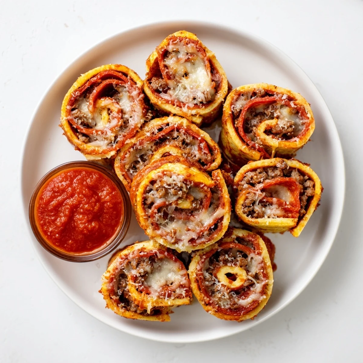 Savory low-carb beef roll ups stuffed with pepperoni slices and oozing cheese, ready for dipping in marinara sauce