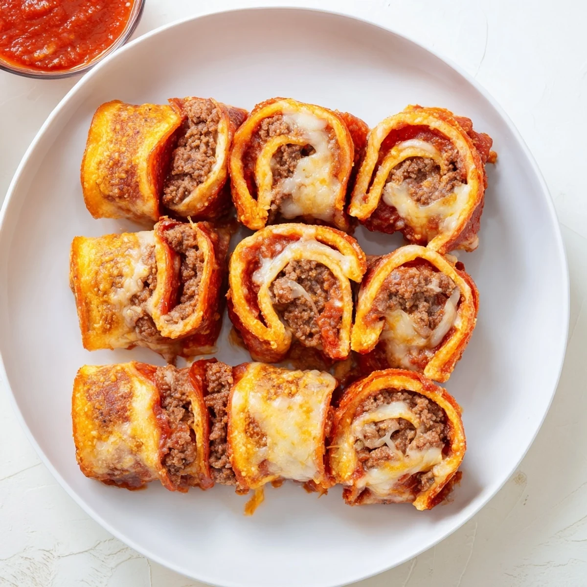 Baked keto beef pepperoni cheese roll ups arranged on parchment with golden melted cheese and Italian seasoning garnish