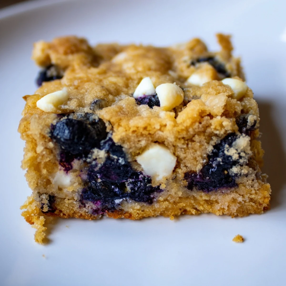 Golden blueberry blondies with juicy berries and vanilla dotted throughout each square