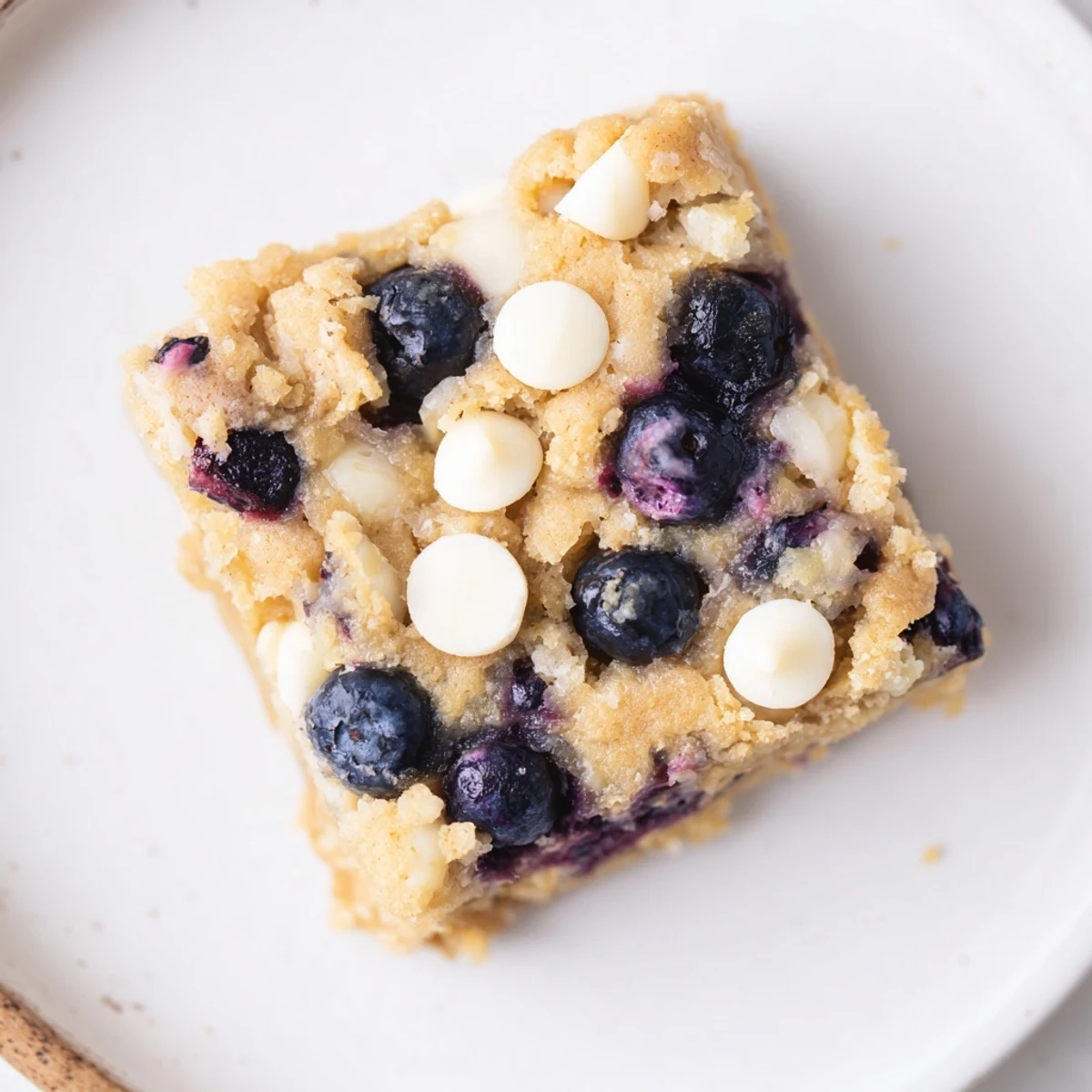 Chewy homemade blueberry blondies topped with fresh blueberries on a white serving plate