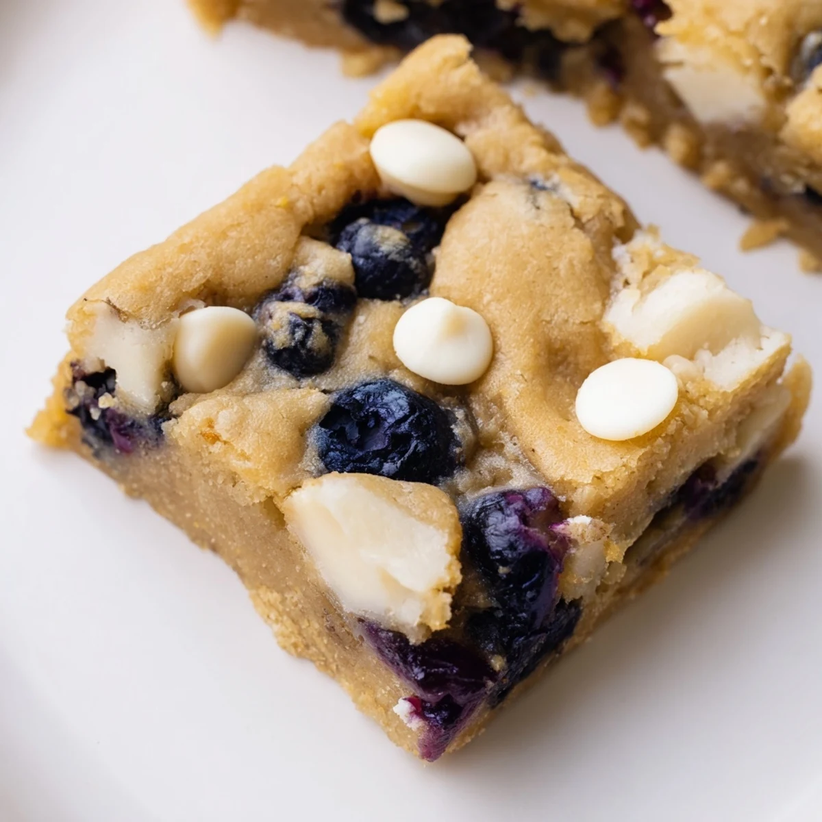 Soft vanilla blondie bars bursting with plump blueberries cut into perfect dessert squares