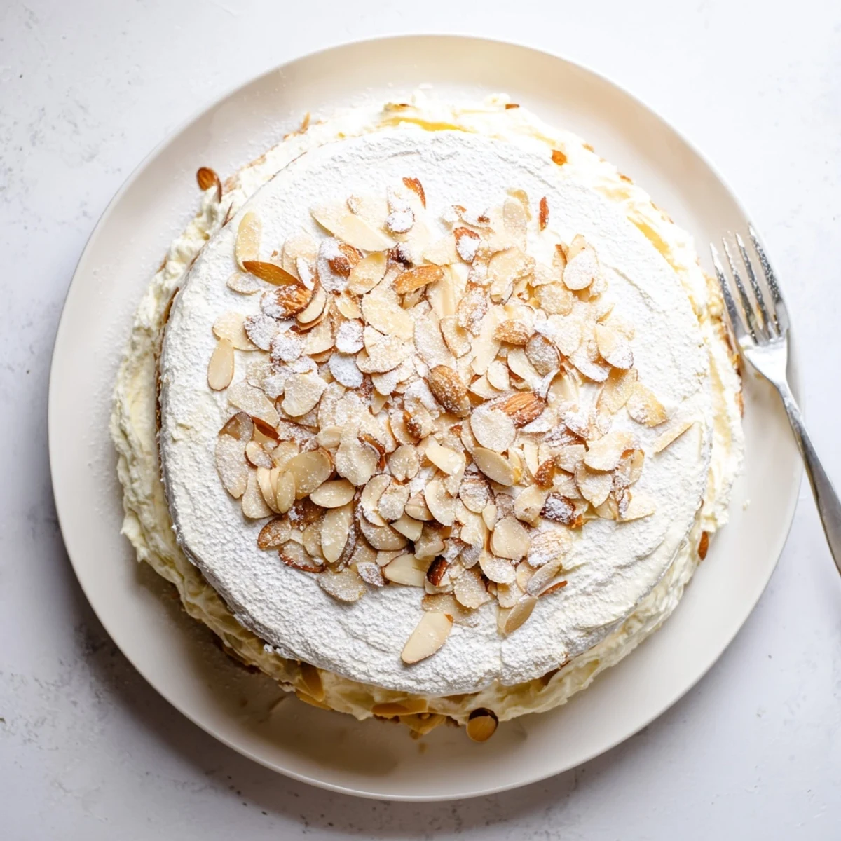 Golden almond cream cake slice showing layered almond filling and toasted almond topping