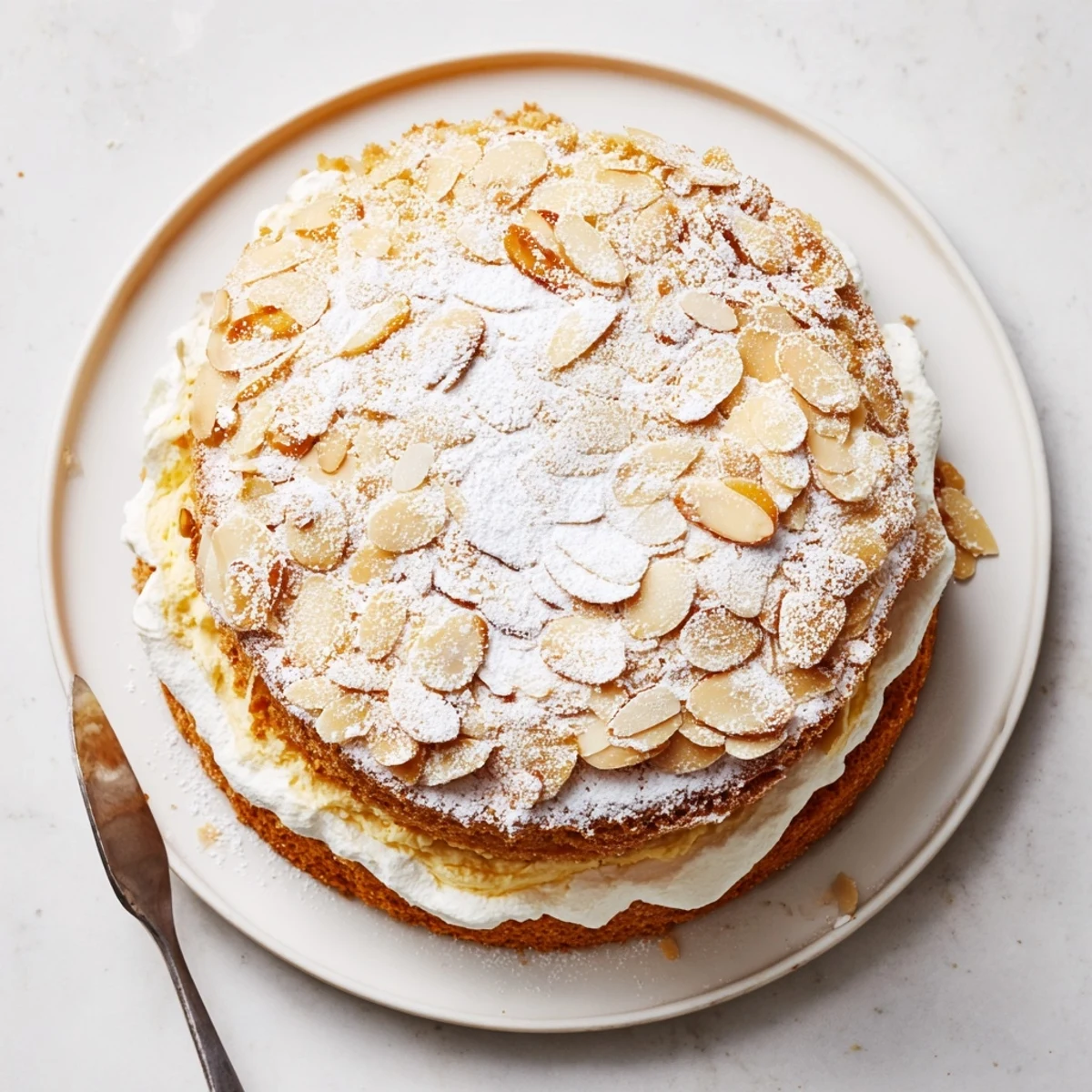 Moist almond cream cake layered with rich almond cream and dusted with powdered sugar