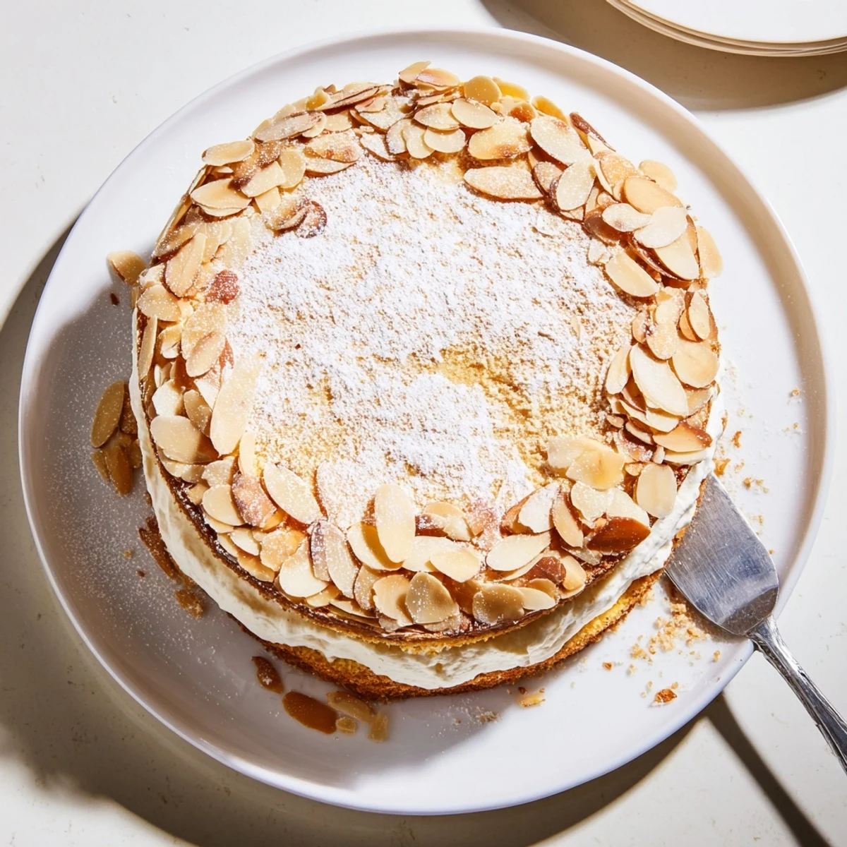 European-style almond cream cake with whipped almond frosting and crispy sliced almonds