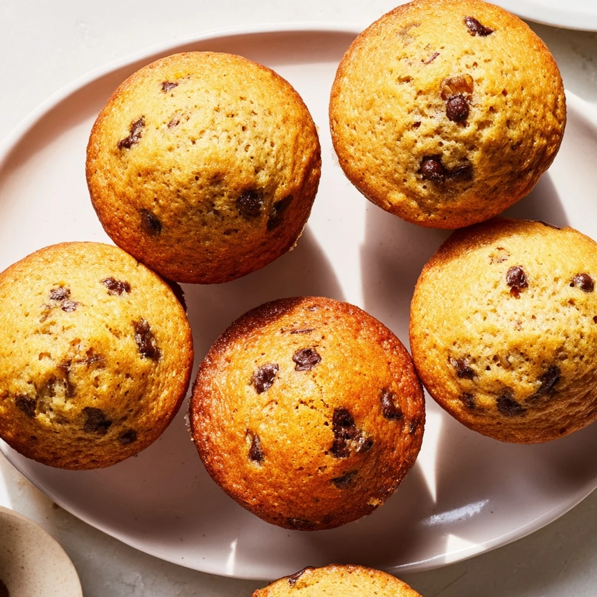 Golden peanut butter banana muffins with domed tops, fresh from the oven on a wire cooling rack