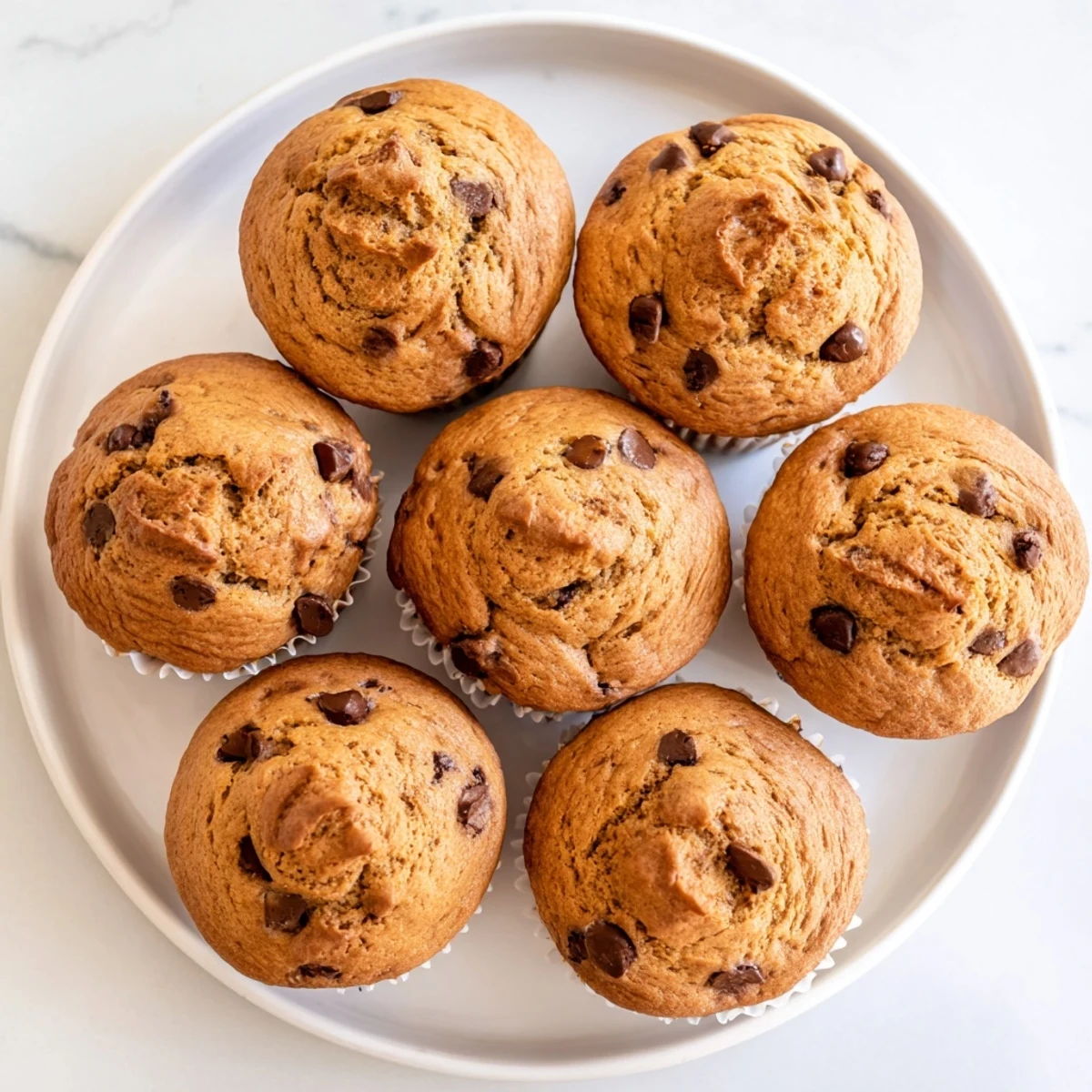Fluffy breakfast muffins studded with chocolate chips, topped with melting peanut butter swirl