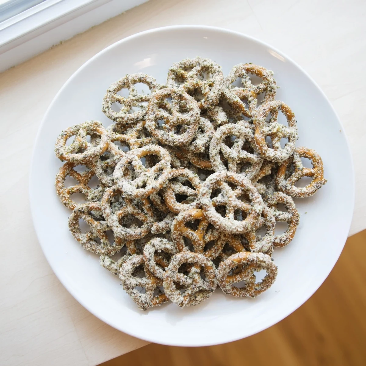 Baked pretzel twists coated with zesty dill pickle and ranch spices, arranged on parchment paper