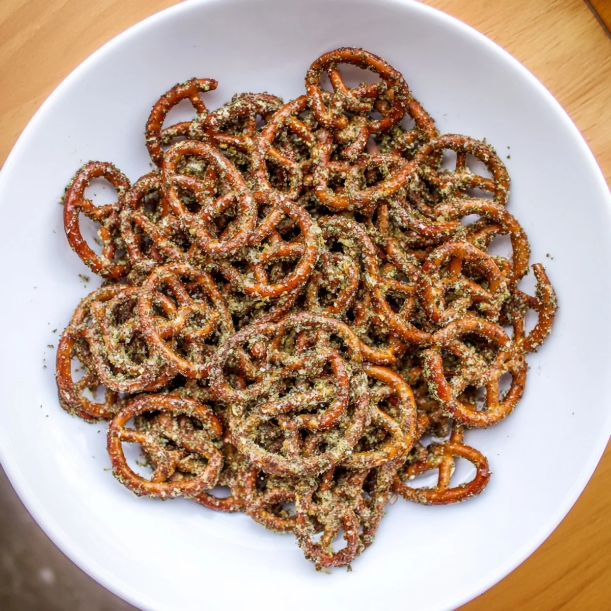 Crispy seasoned pretzels with dried dill and ranch flavors, ideal party appetizer served in a bowl