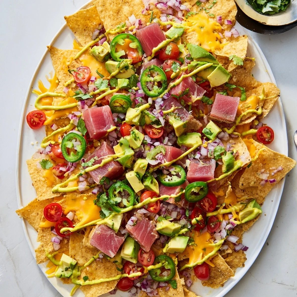 Golden crispy tortilla chips piled with seared tuna nachos deluxe topped with fresh avocado and zesty jalapeño lime crema drizzle