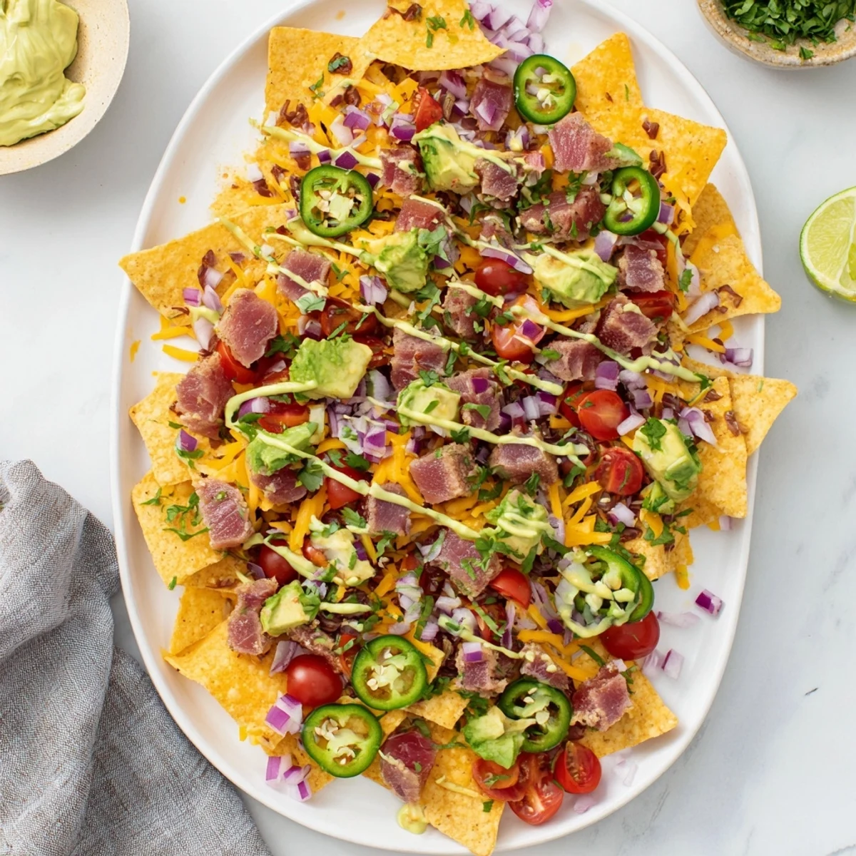 Party style tuna nachos deluxe arranged on tray with creamy cilantro garnish fresh toppings and tangy lime sour cream sauce