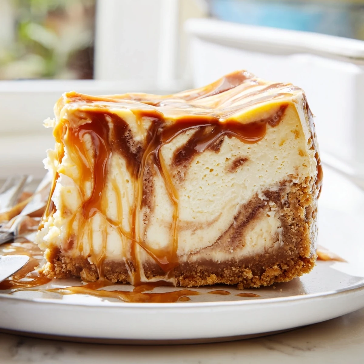 Golden caramel swirl cheesecake slice on a white plate with graham cracker crust visible