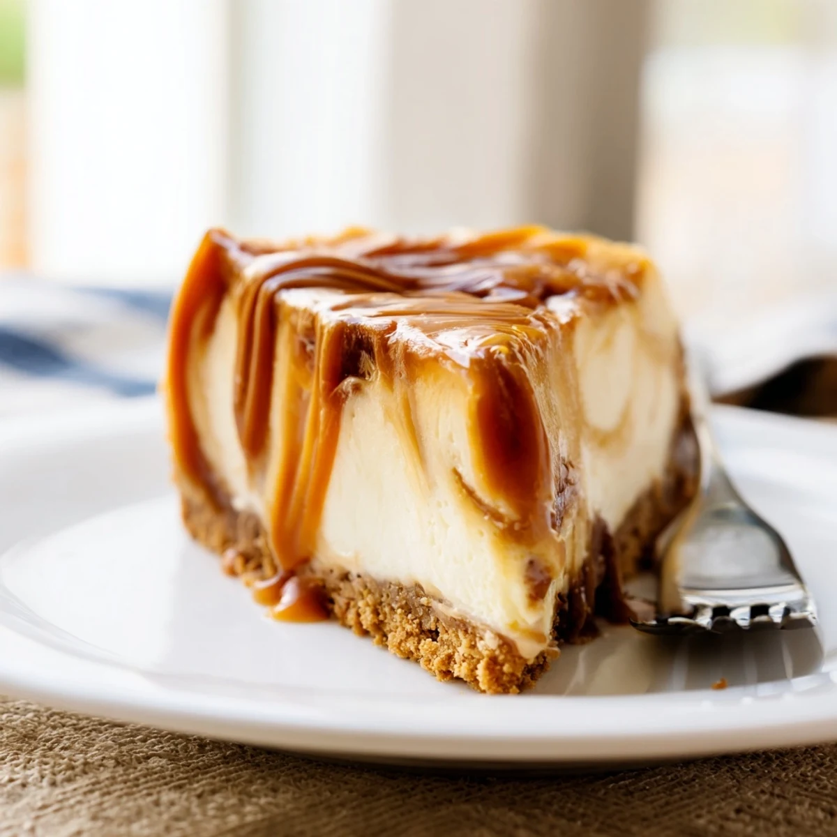 Creamy caramel swirl cheesecake with ribbons of golden caramel sauce on buttery graham crust