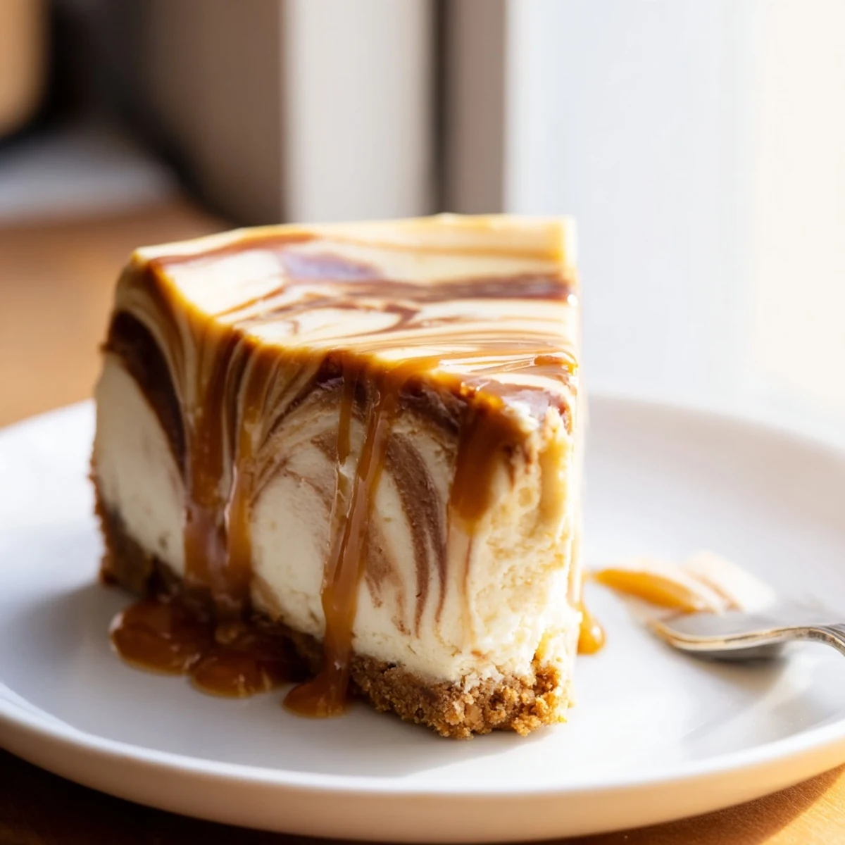 Indulgent caramel swirl cheesecake square topped with extra caramel drizzle and sea salt flakes