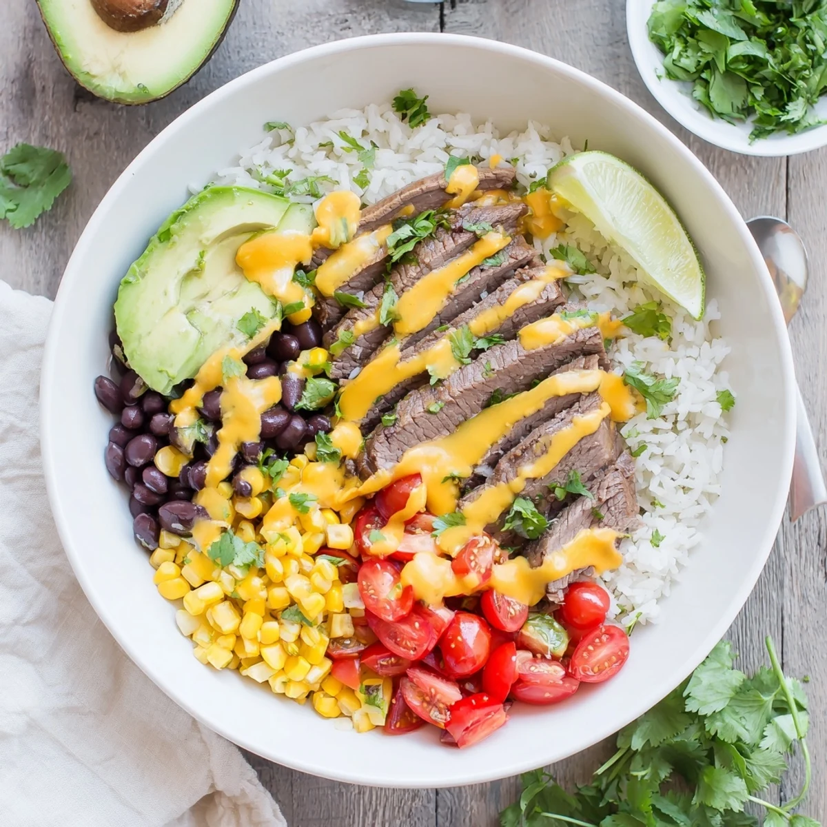 Steak queso rice bowl with tender sliced beef, melted cheddar sauce, and fresh cilantro garnish