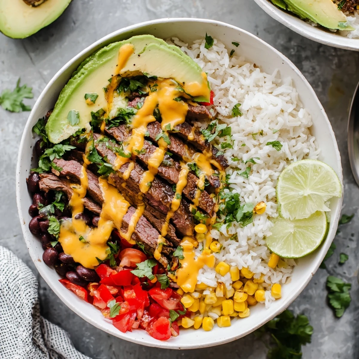 Loaded steak queso rice bowl with spicy beef, zesty queso, black beans, and avocado slices
