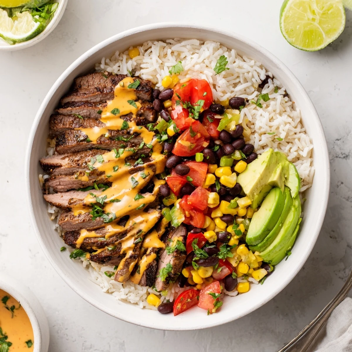 Tex-Mex steak queso rice bowl featuring seasoned flank steak over fluffy rice with creamy cheese drizzle