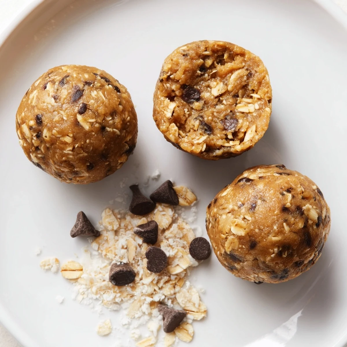 Close up of Peanut Butter Energy Balls speckled with mini chocolate chips, chewy