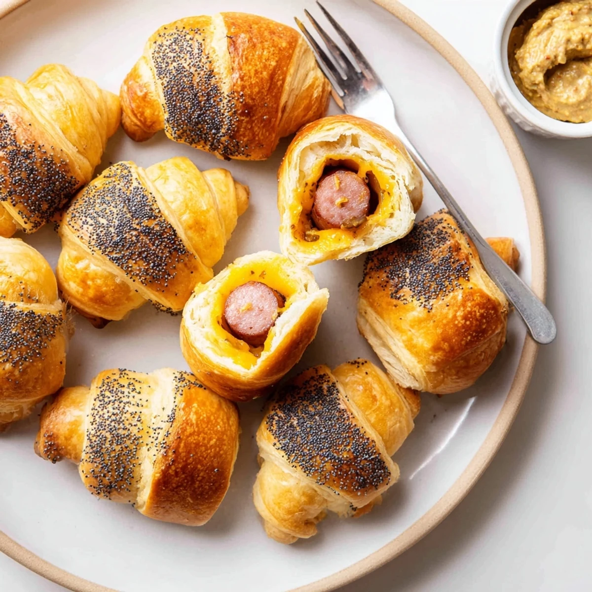 Sausage Crescent Rolls: flaky, golden crescents hugging juicy sausages, served warm.