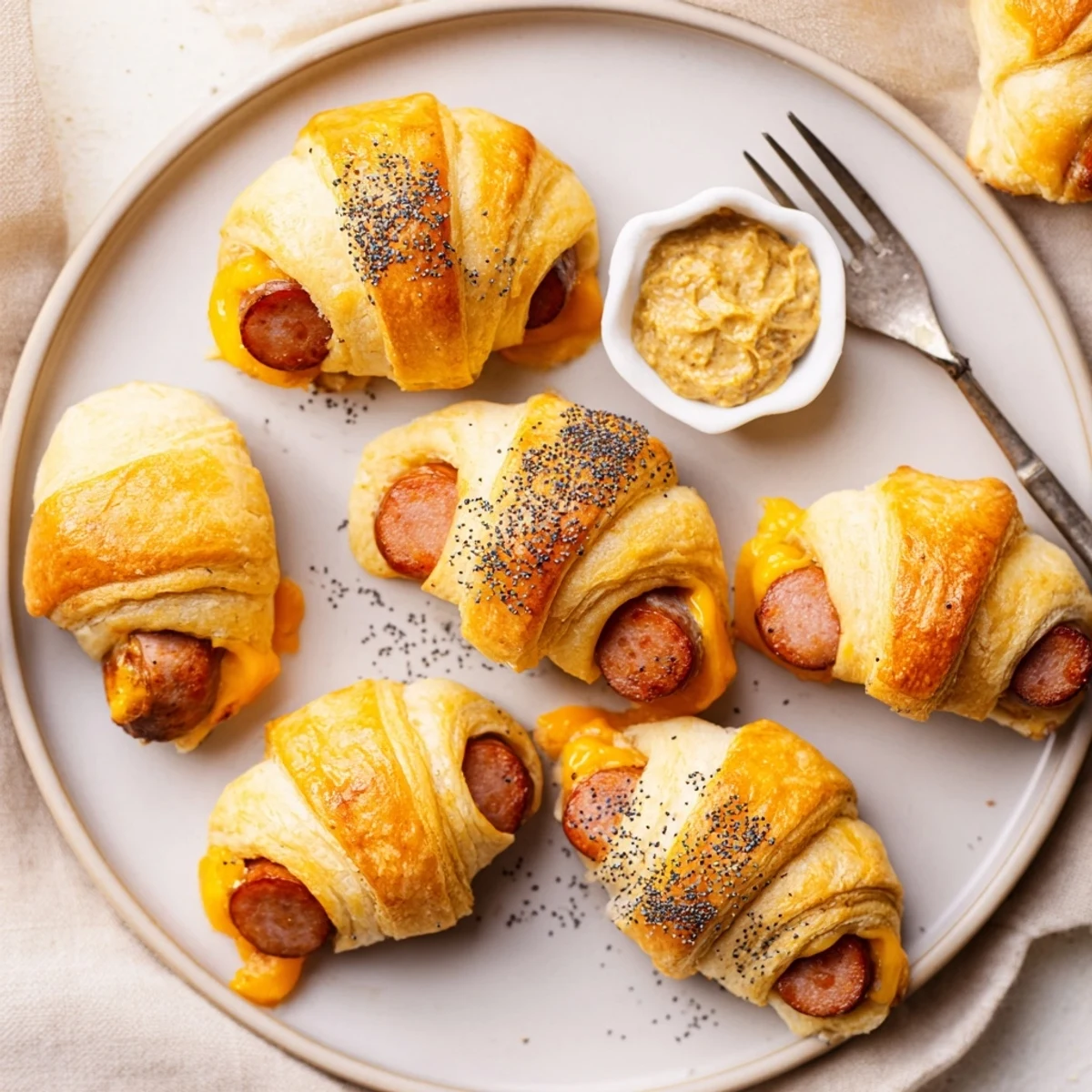 Warm Sausage Crescent Rolls spiraled in buttery dough, poppy seeds sprinkled.