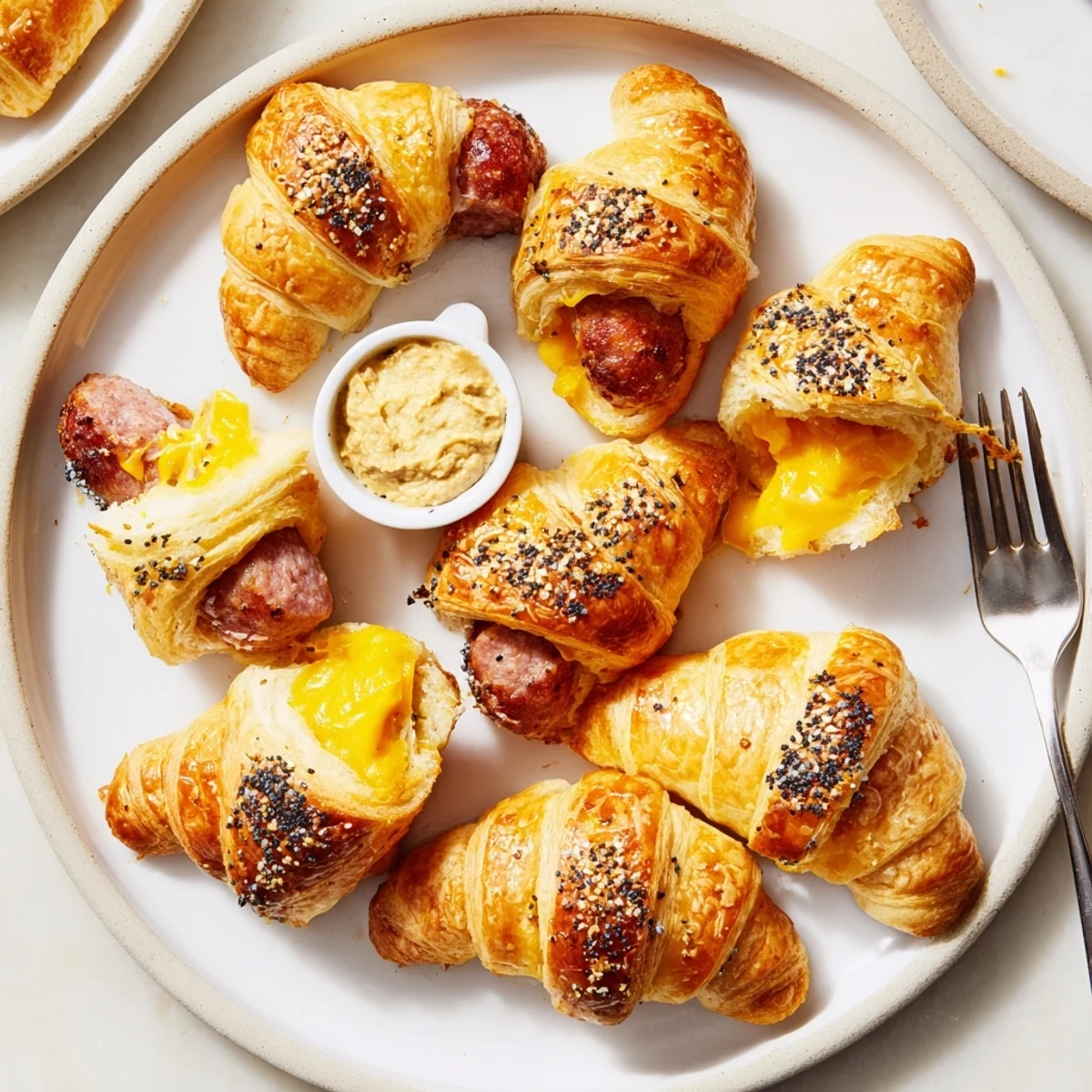 Party ready Sausage Crescent Rolls on parchment, golden edges and dipping sauces.