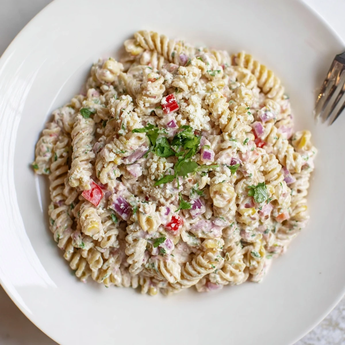 Creamy Street Corn Pasta Salad with charred sweet corn, zesty lime, cotija cheese