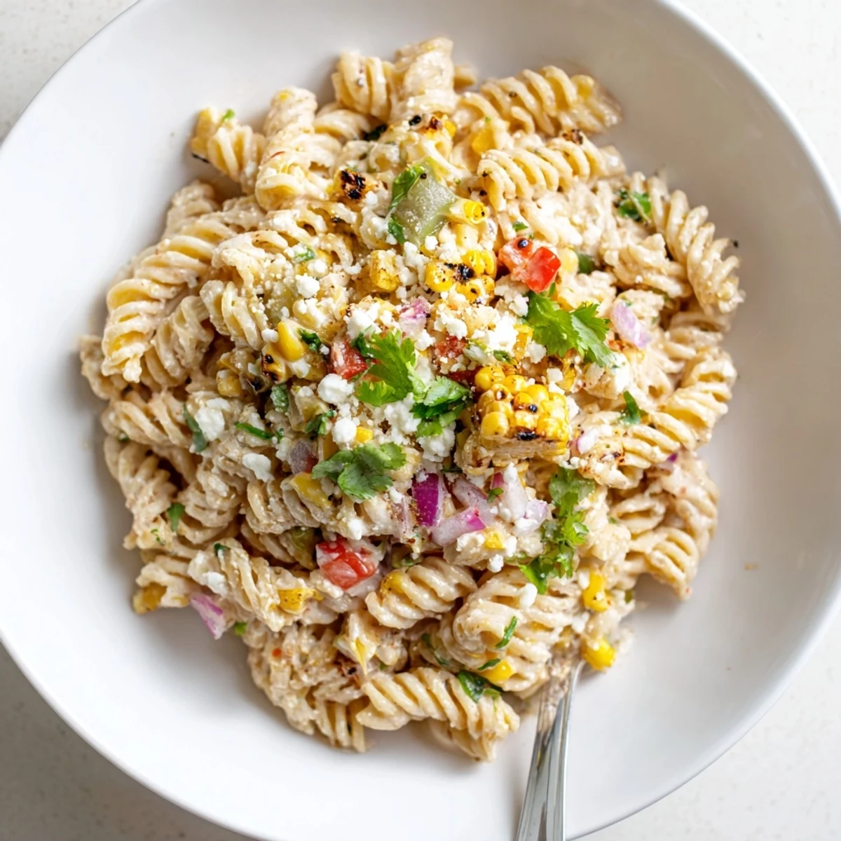 Chilled Creamy Street Corn Pasta Salad tossed with smoky corn and fresh cilantro