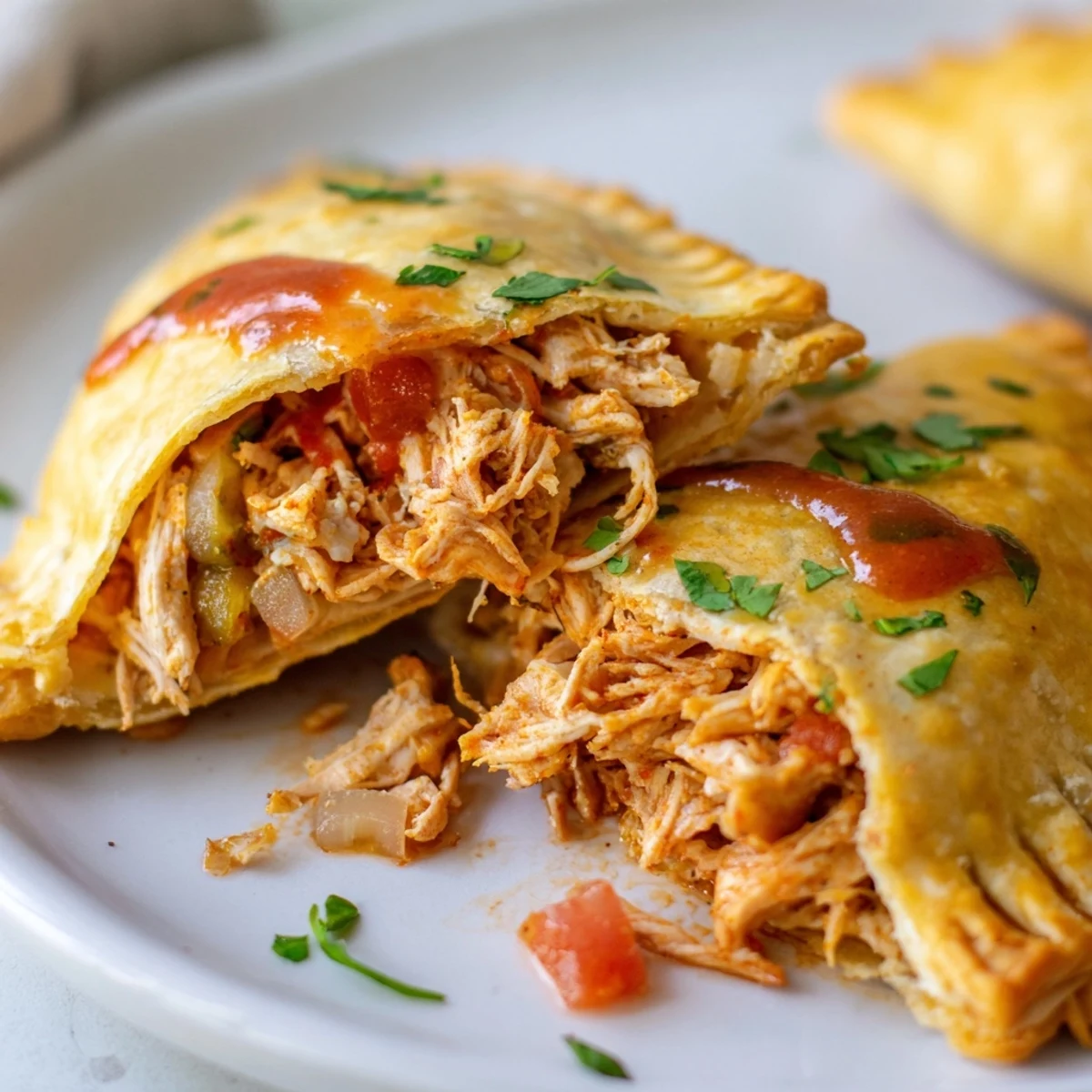 Close-up of hand holding warm Gluten Free Chicken Empanadas with crisp edges