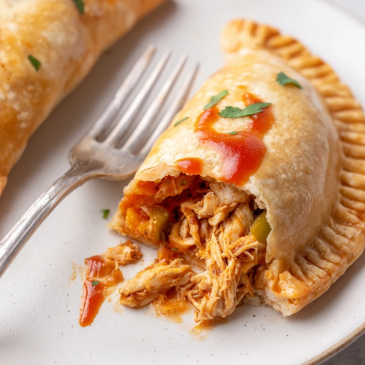 Plate of Gluten Free Chicken Empanadas beside lime wedges and creamy guacamole