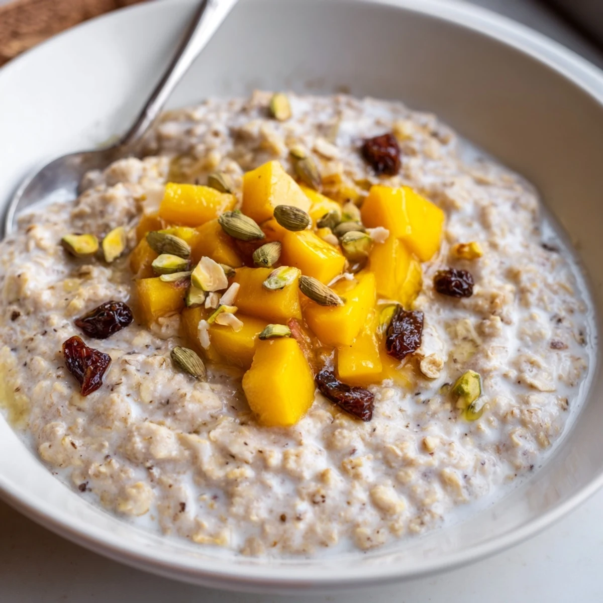 Creamy Indian Cardamom Overnight Oats topped with mango and pistachios, chilled