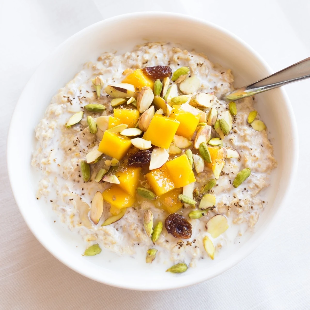 Make-ahead Indian Cardamom Overnight Oats soaked overnight, ready for busy mornings