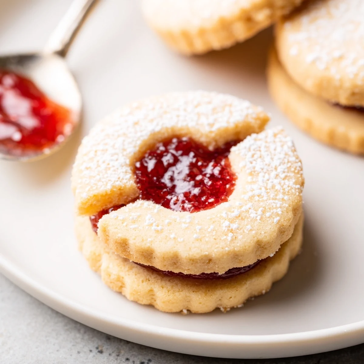 Warm Raspberry Lemon Shortbread Cookies sandwiching bright jam, buttery crumb visible