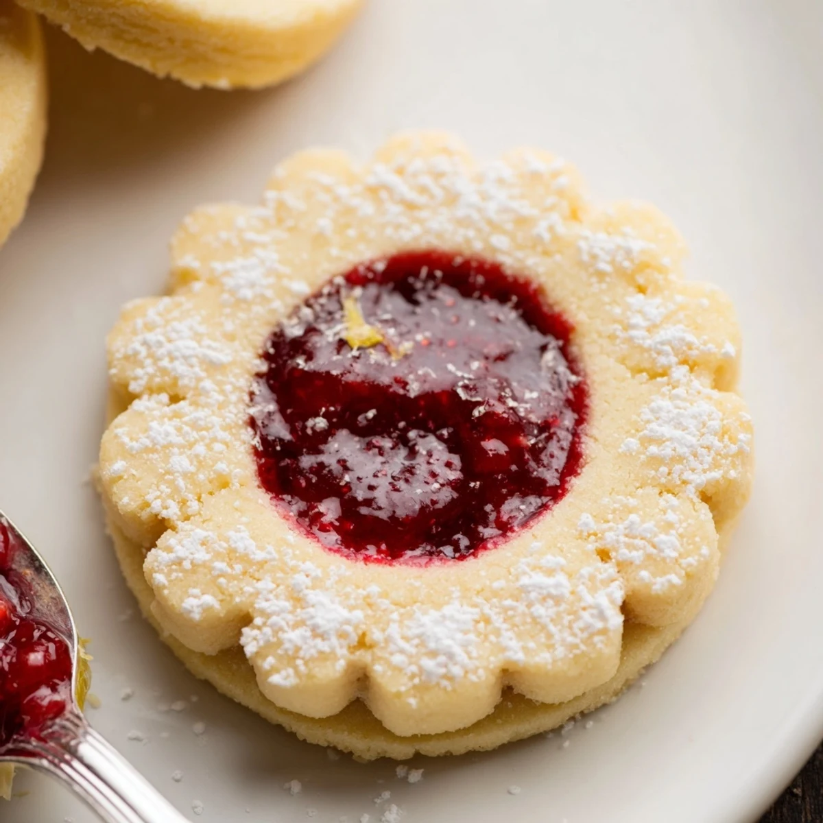 Raspberry Lemon Shortbread Cookies dusted with powdered sugar, zesty aroma, tea-ready