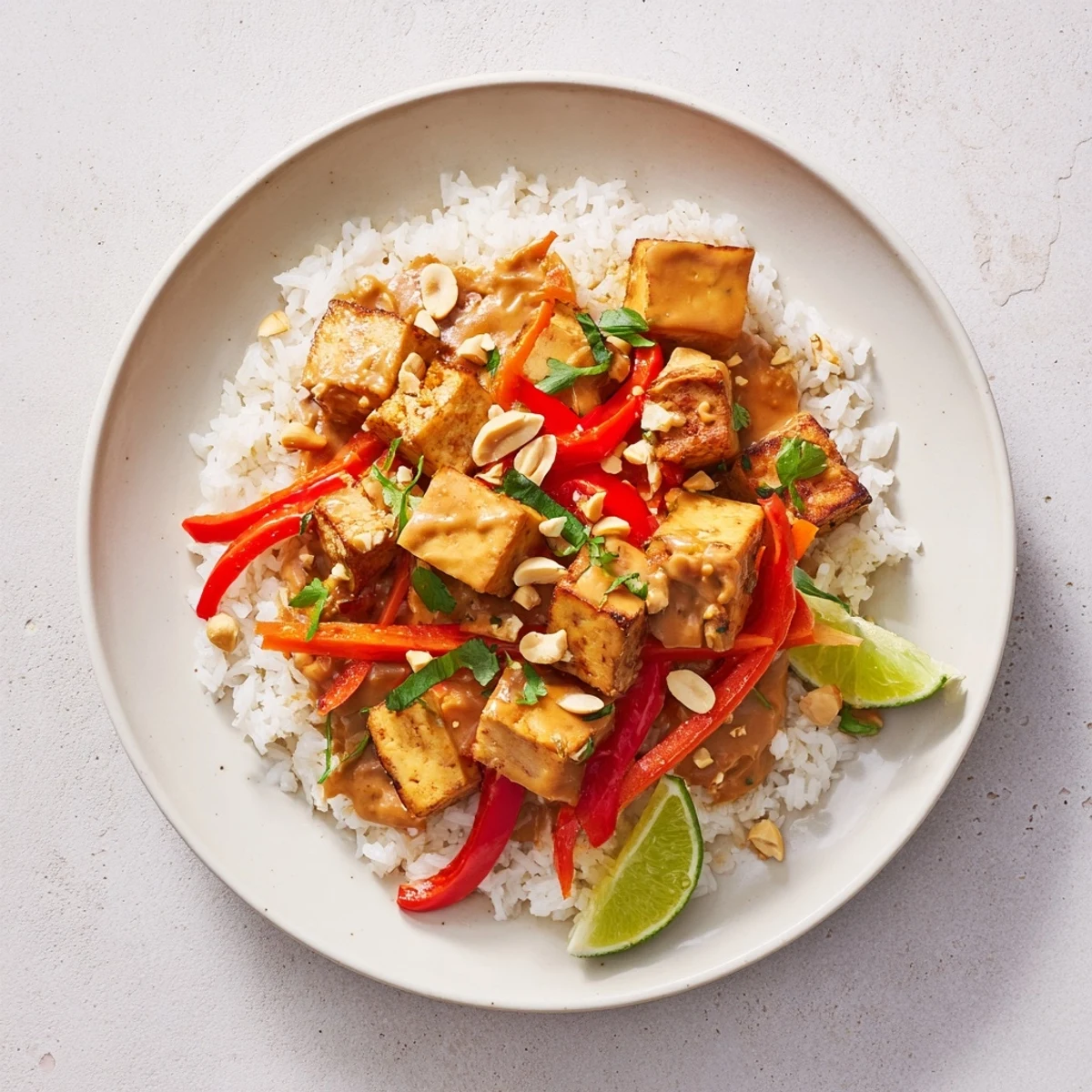 Creamy Peanut Tofu Coconut Rice steaming over jasmine rice, bright bell peppers.