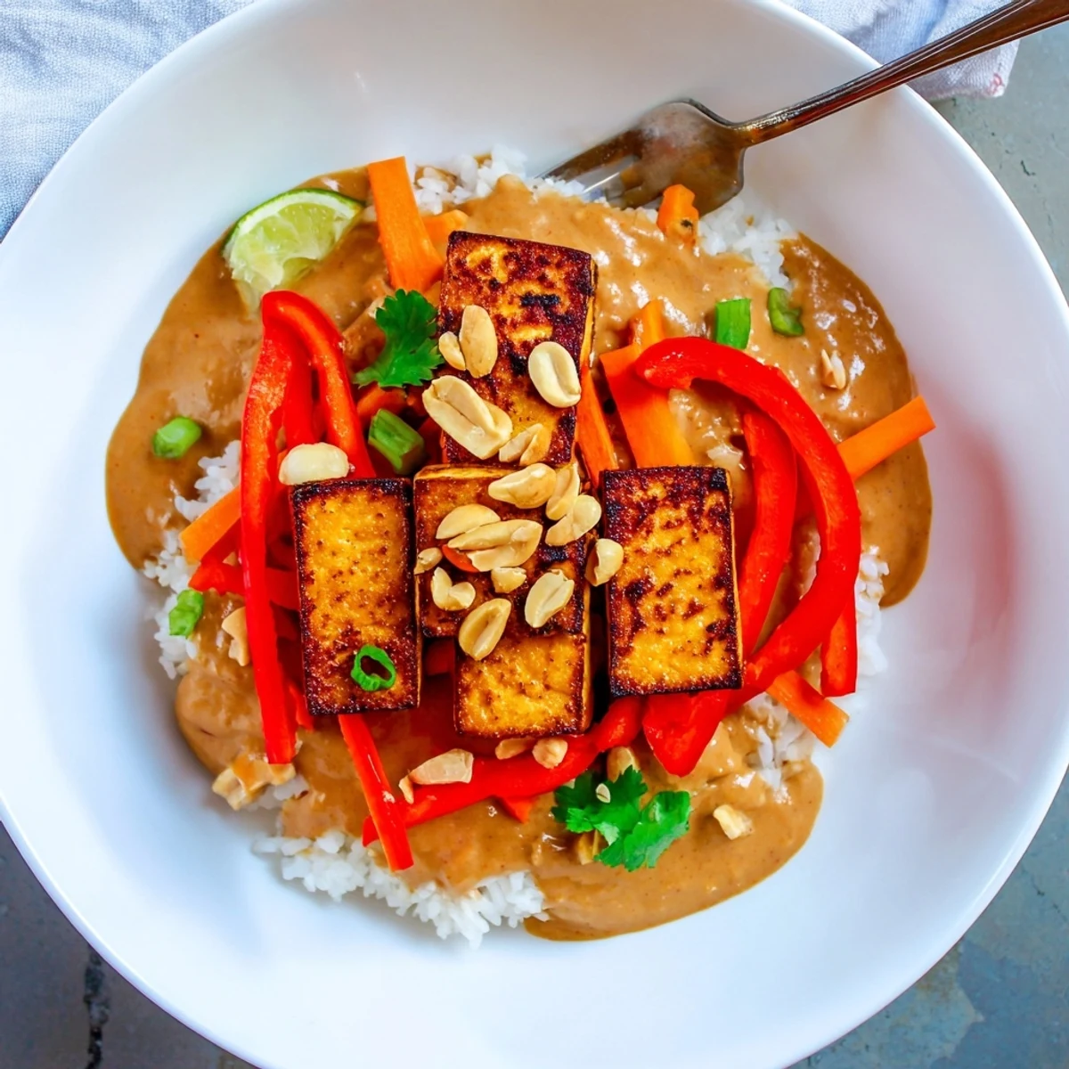 Peanut Tofu Coconut Rice plated with lime wedges, cilantro, and crunchy peanuts.
