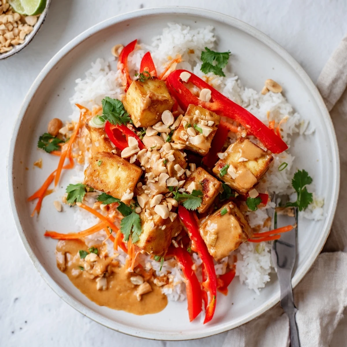 Crispy marinated cubes in Peanut Tofu Coconut Rice topped with chopped peanuts.