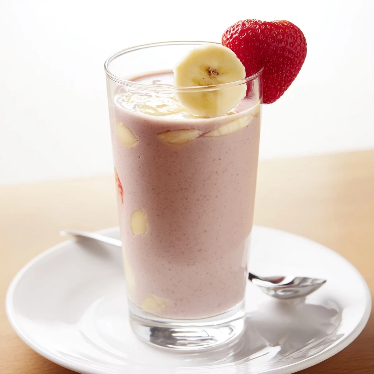 Creamy pink Strawberry Banana Smoothie Recipe in tall glass, garnished with strawberry  