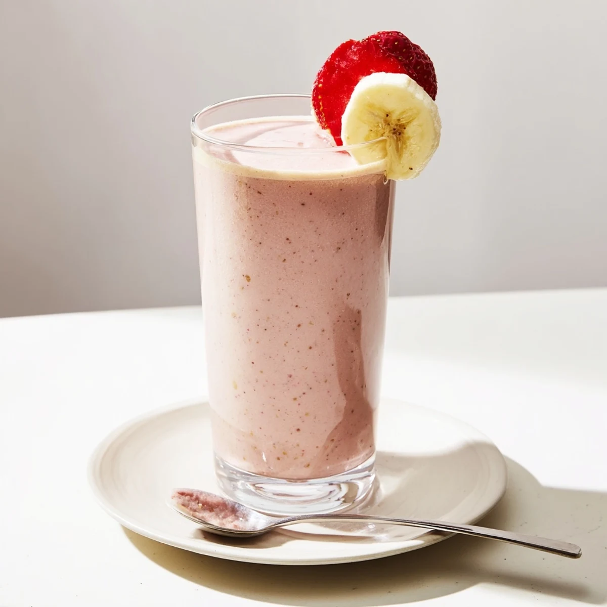 Blended with Greek yogurt and ice, bright pink Strawberry Banana Smoothie Recipe for breakfast  