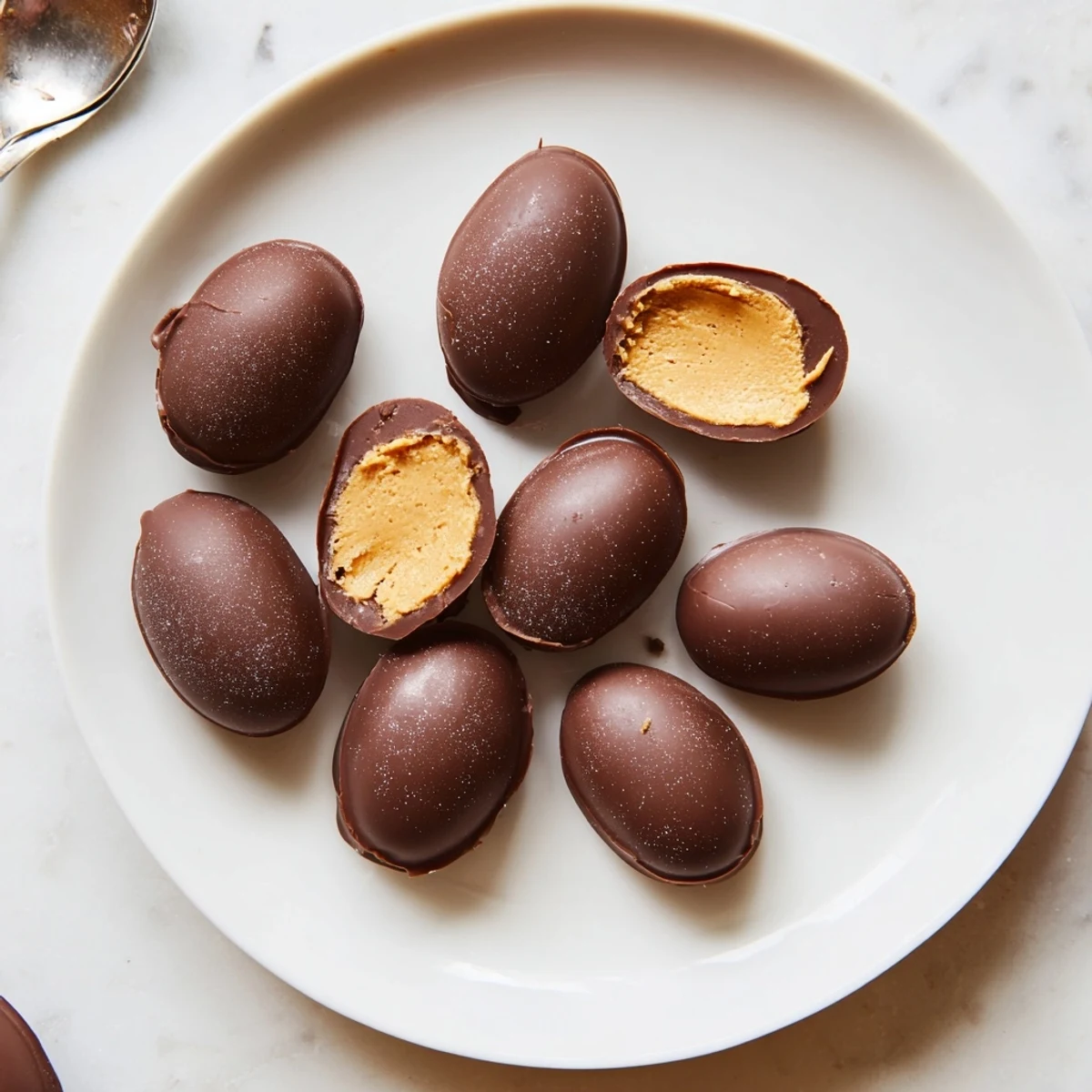 Homemade Peanut Butter Eggs with glossy chocolate coating, chilled, ready to serve